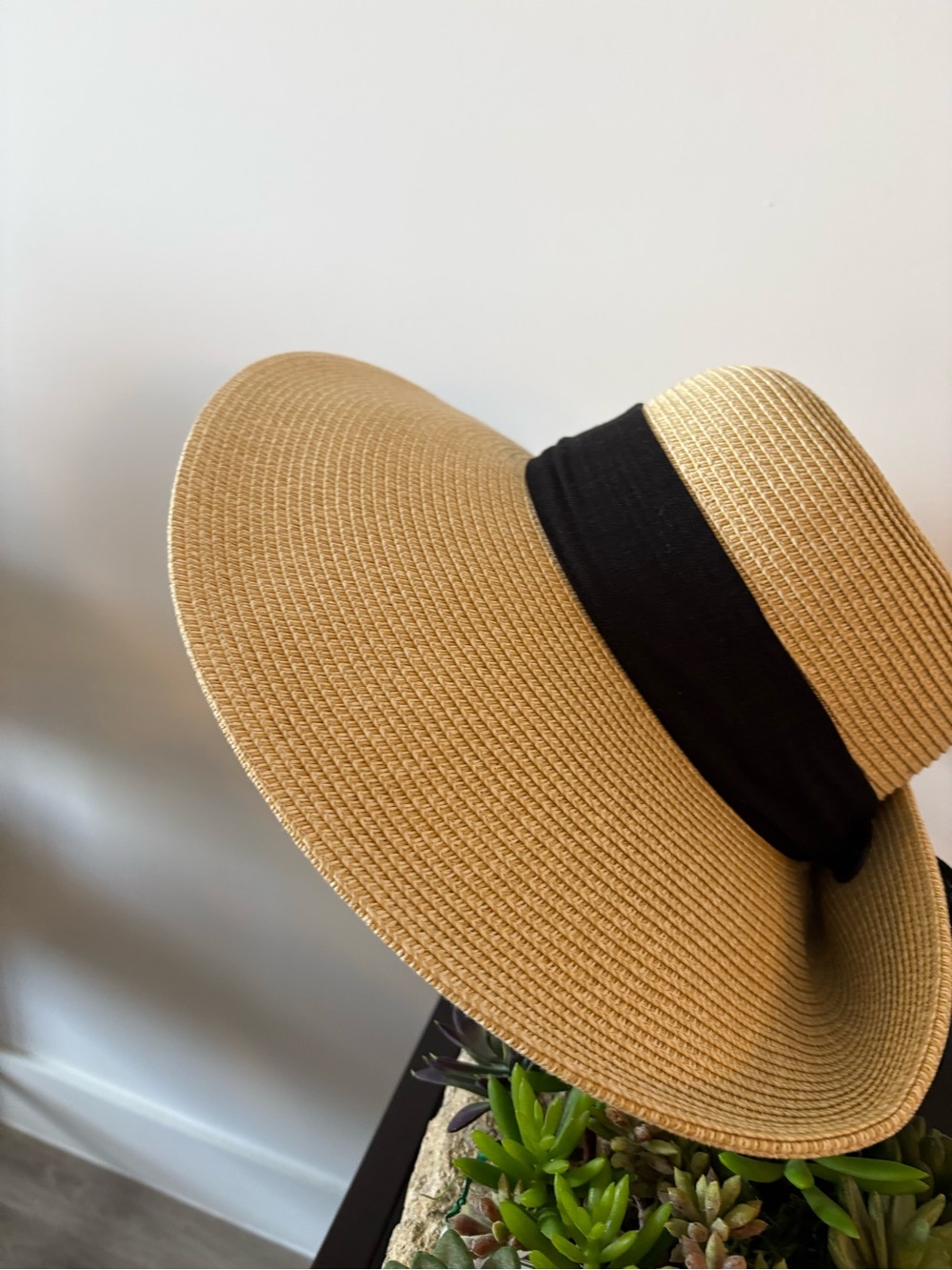 Wide Brim Straw Sun Hat with Black Band - Neutral